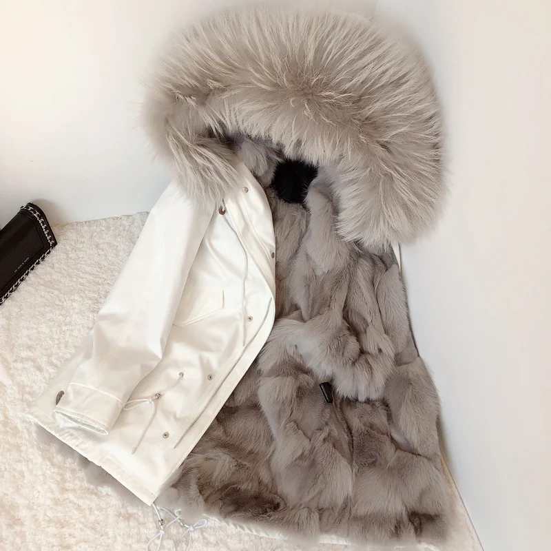 

Coat Ins Real Fox Fur 2023 New Women's Parka with Fur Liner Natural Raccoon Fur Hood Coat Medium Oversized Thick Warm Fur