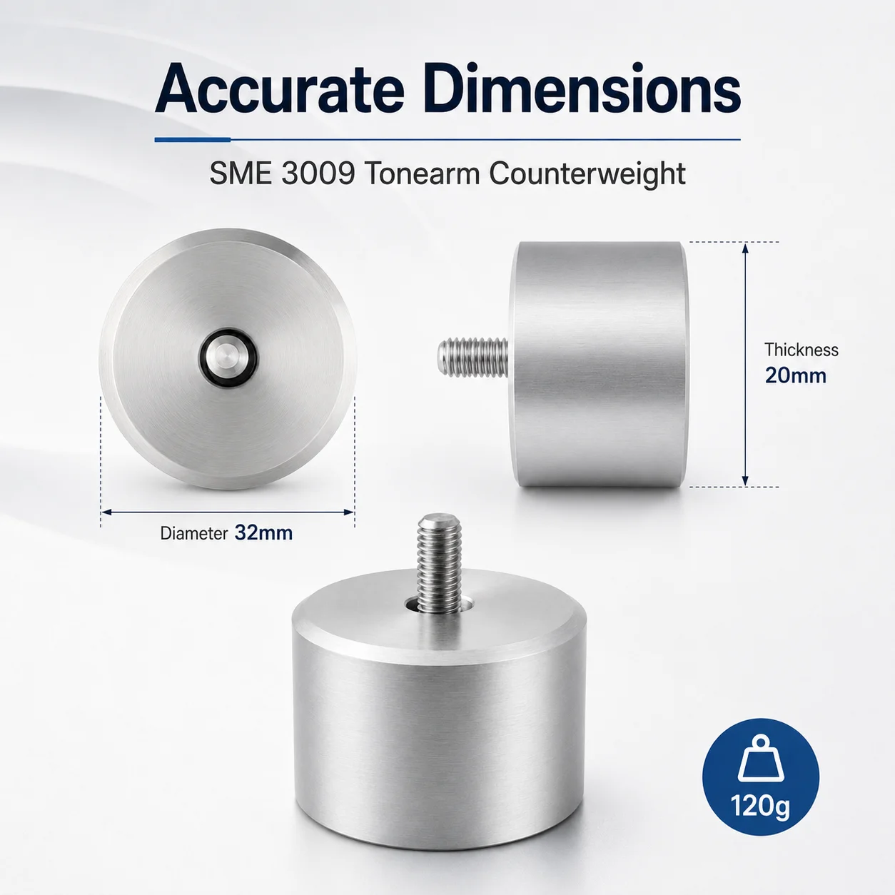 Rear Tonearm Balance Counterweight 120g 32mm Precision‑Machined Metal for SME 3009 Series HiFi Turntable Spare Part