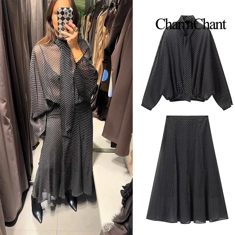 Charmchant feminino polka dot sheer chiffon camisa oversized & saia maxi 2 peça conjunto primavera 2026 retro elegante chique roupas de festa