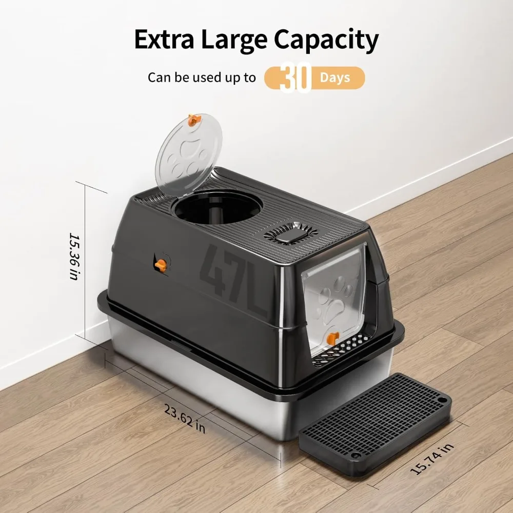 صندوق فضلات القطط المعدني المغلق كبير جدًا للقطط الكبيرة، وعاء من الفولاذ المقاوم للصدأ عالي الجوانب مع غطاء قابل للإزالة، مثالي للقطط الكبيرة #2