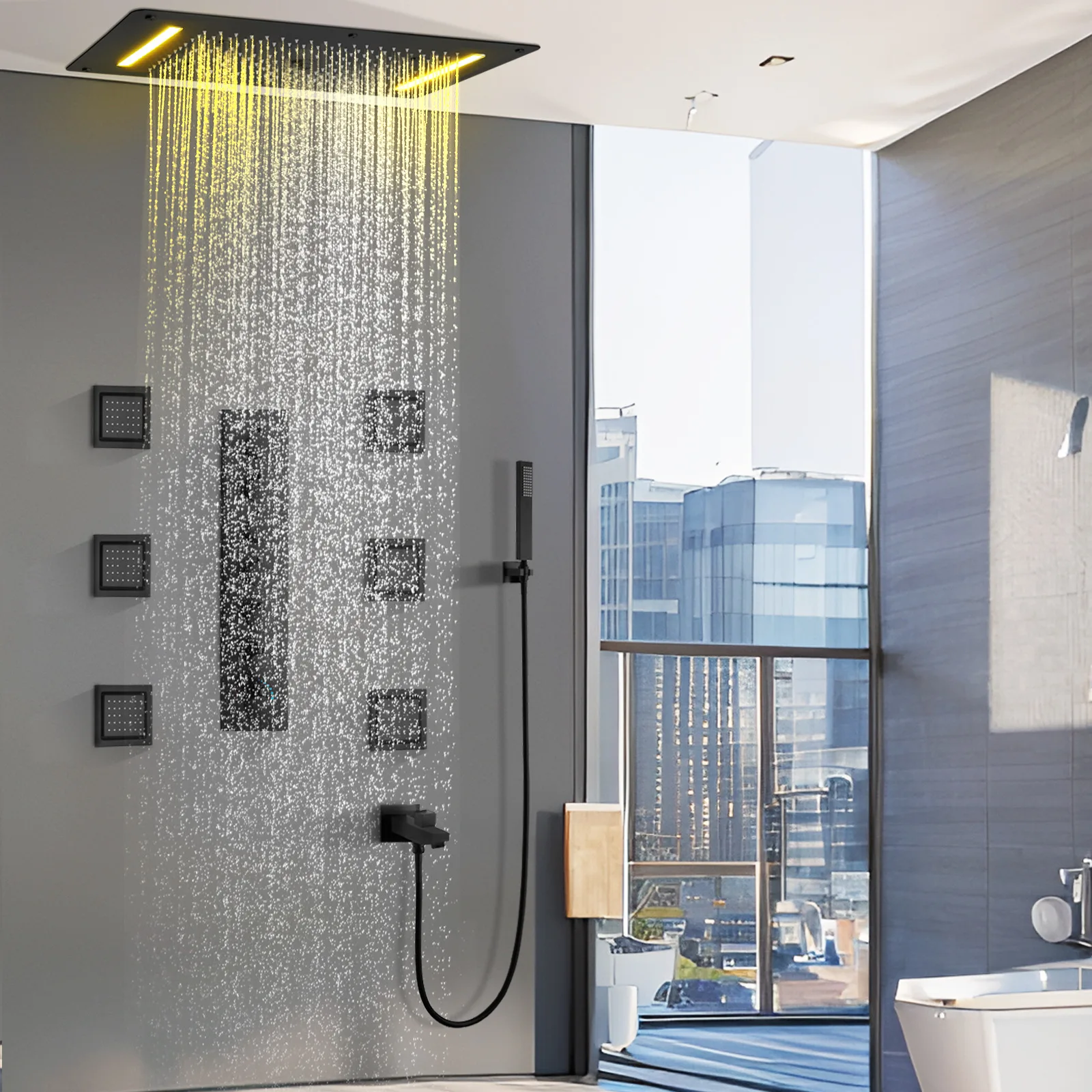 Bathroom ceiling concealed LED shower top spray 700*380mm black constant temperature massage