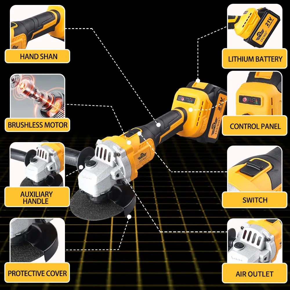 Мощная бесщеточная угловая шлифовальная машина LYUWO — ручной шлифовальный круг с перезаряжаемой литиевой батареей для резки Мощная бесщеточная угловая шлифовальная машина LYUWO — ручной шлифовальный круг с перезаряжаемой литиевой батареей для резки