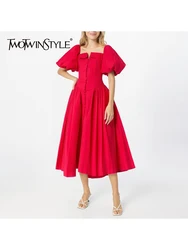 TWOTWINSTYLE Solid Spliced Button Slimming Dresses For Women Slash Neck Short Sleeve High Waist Temperament Dress Female Style