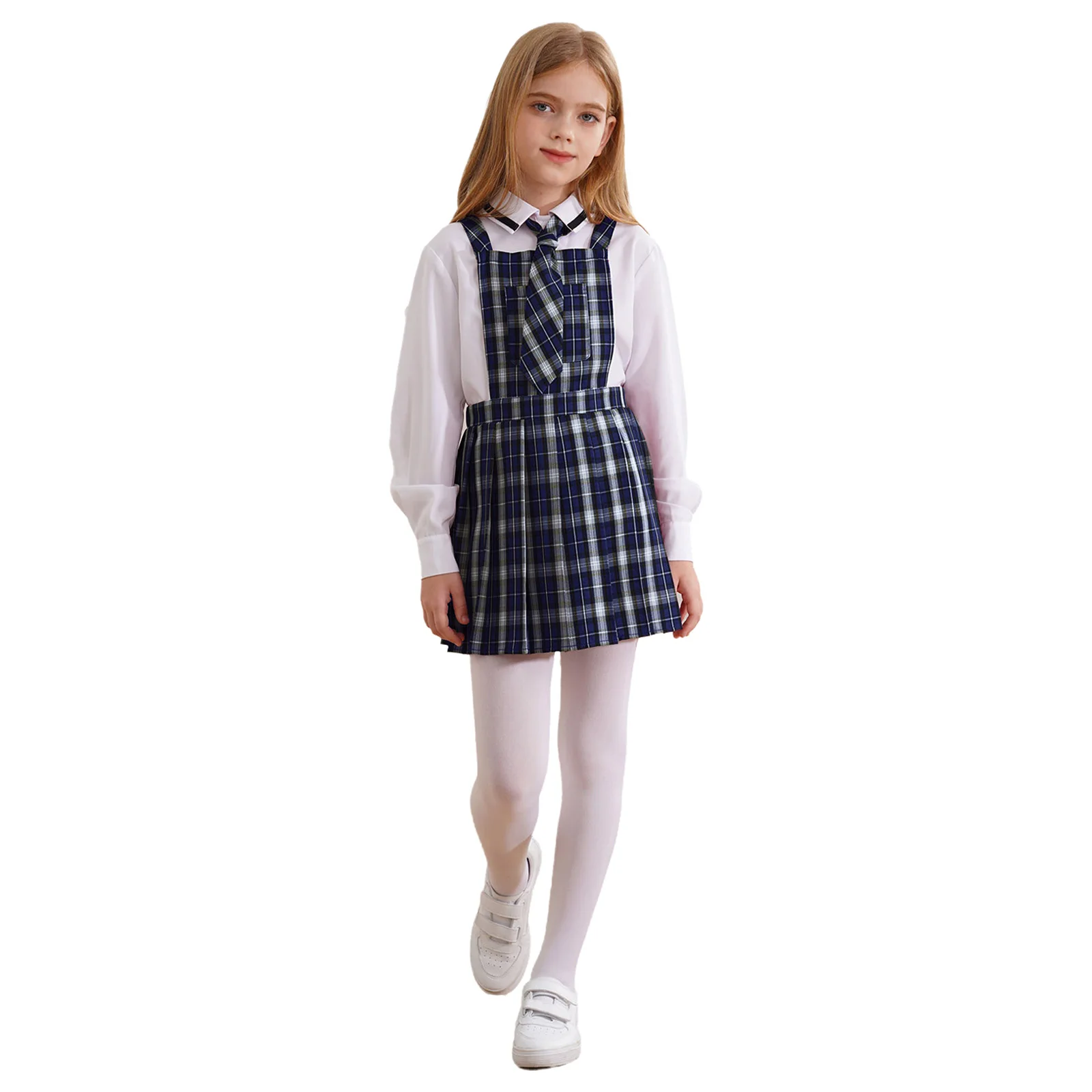 Traje de uniforme escolar plissado infantil, meninas Dance Performance, alças largas, xadrez, vestido geral plissado com gravata, manga longa,