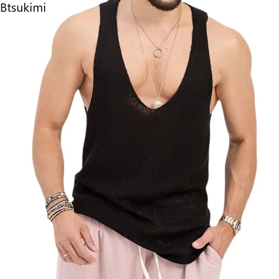 2024 Men\'s Summer Tank Top Loose Knit Sports Vest Solid Knit Sleeveless Men T-shirt Breathable Mesh Sports Top Gym Shirt Male