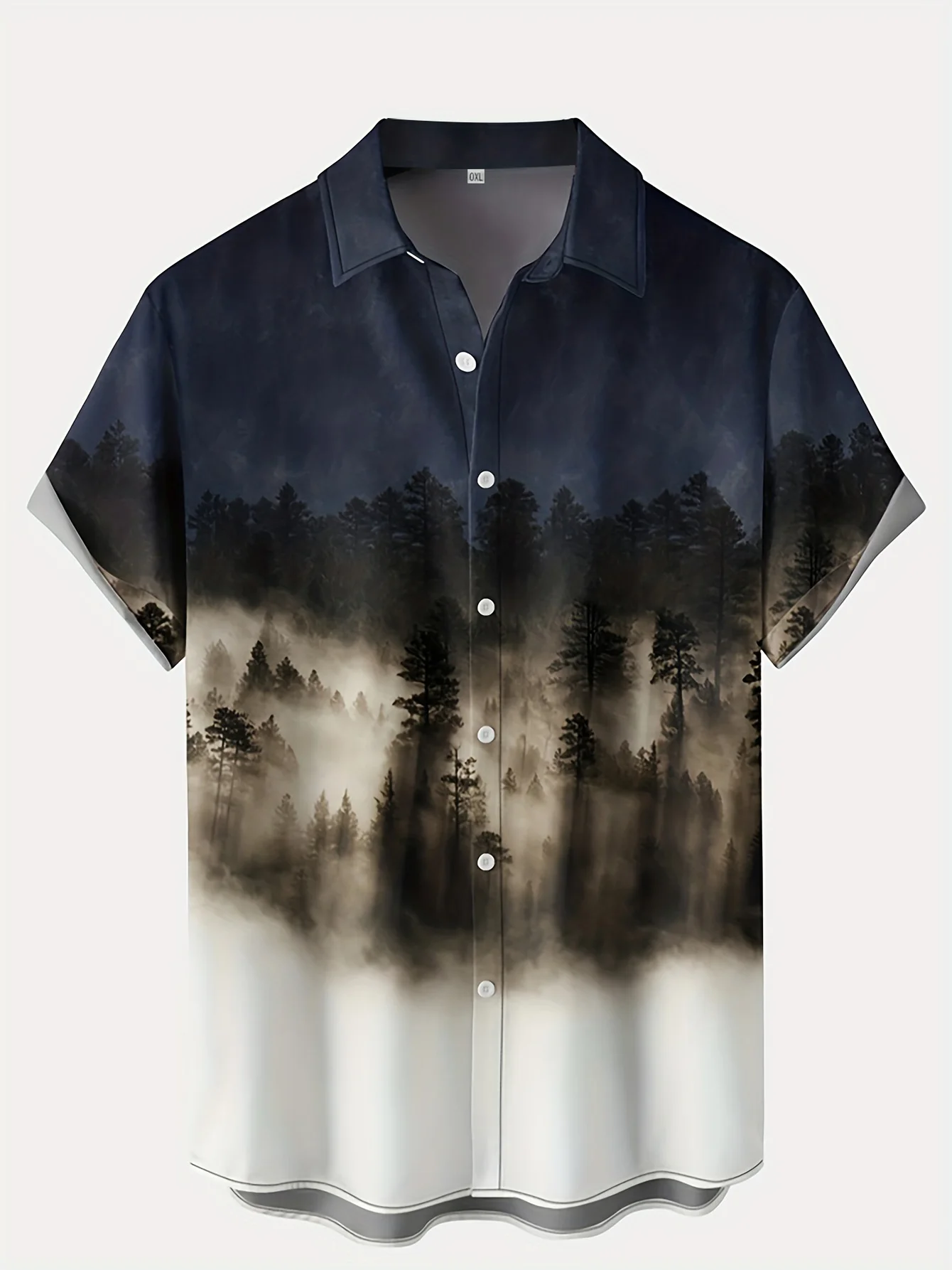 قميص رجالي هاواي بطباعة متدرجة من Midnight Forest كاجوال فضفاض لقضاء عطلة الشاطئ وأكمام قصيرة وخفيف الوزن من البوليستر بأزرار سفلية