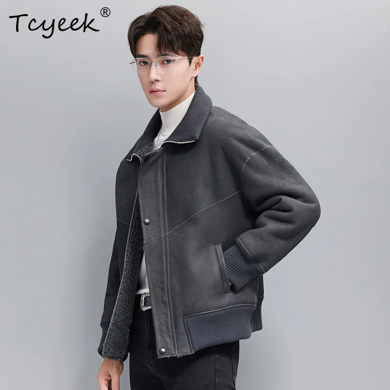 Tcyeek Natural Sheep Fur Winter Coat Men Motocycle Real Leather Jacket Man Warm Mens Coats Lamb Wool Loose Fit زبر حقيقي للرجال