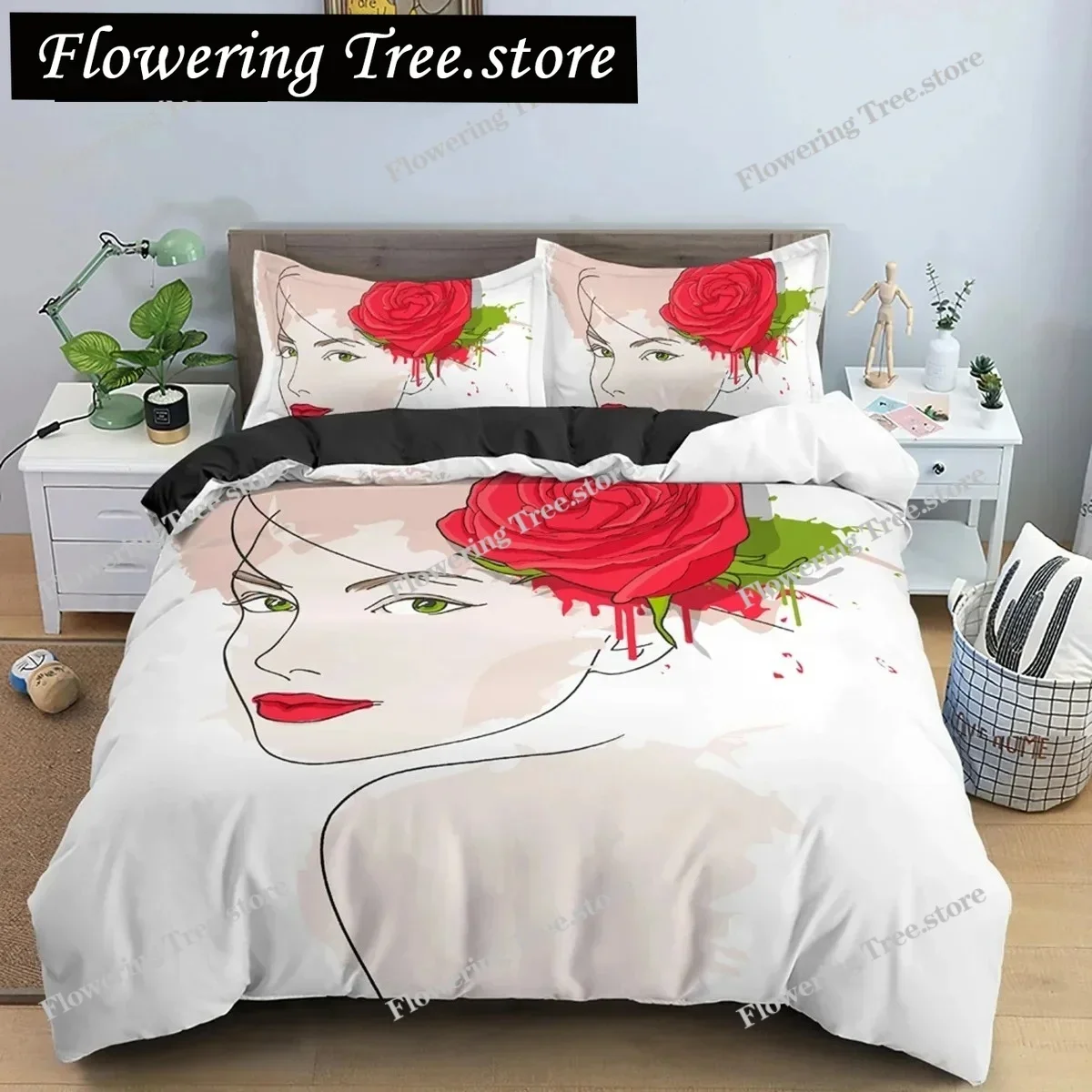 Hand-drawn Woman Portrait Duvet Cover Set Microfiber Black And White Floral Background Bedding Set For Girls Quilt Cover