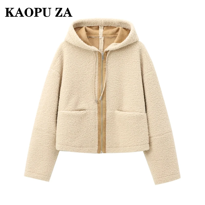 KAOPU ZA 2024 Autumn/Winter Woman Casual Fashion Hooded Collar Long Sleeve Fleece Coat Female Trendy zipper Pockets Beige Jacket