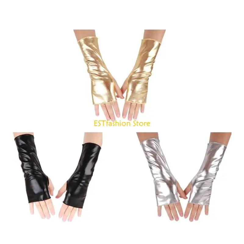 Y5GC Women Black Glossy Fingerless Arm Gloves For Dance Halloween