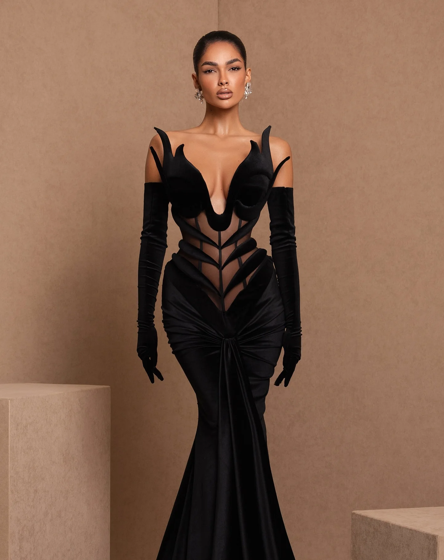 Elegância preto veludo sereia vestidos de noite com luvas decote em v espartilho único formal ocasião vestido novo design longo vestido de baile