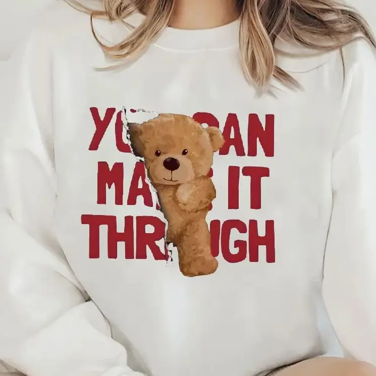 

Graphic Hoodies Retro Vintage Sweatshirt Red Letters Plush Bear Y2K Casual Daily Wear Unisex Versatile Stylish Pullover Tops