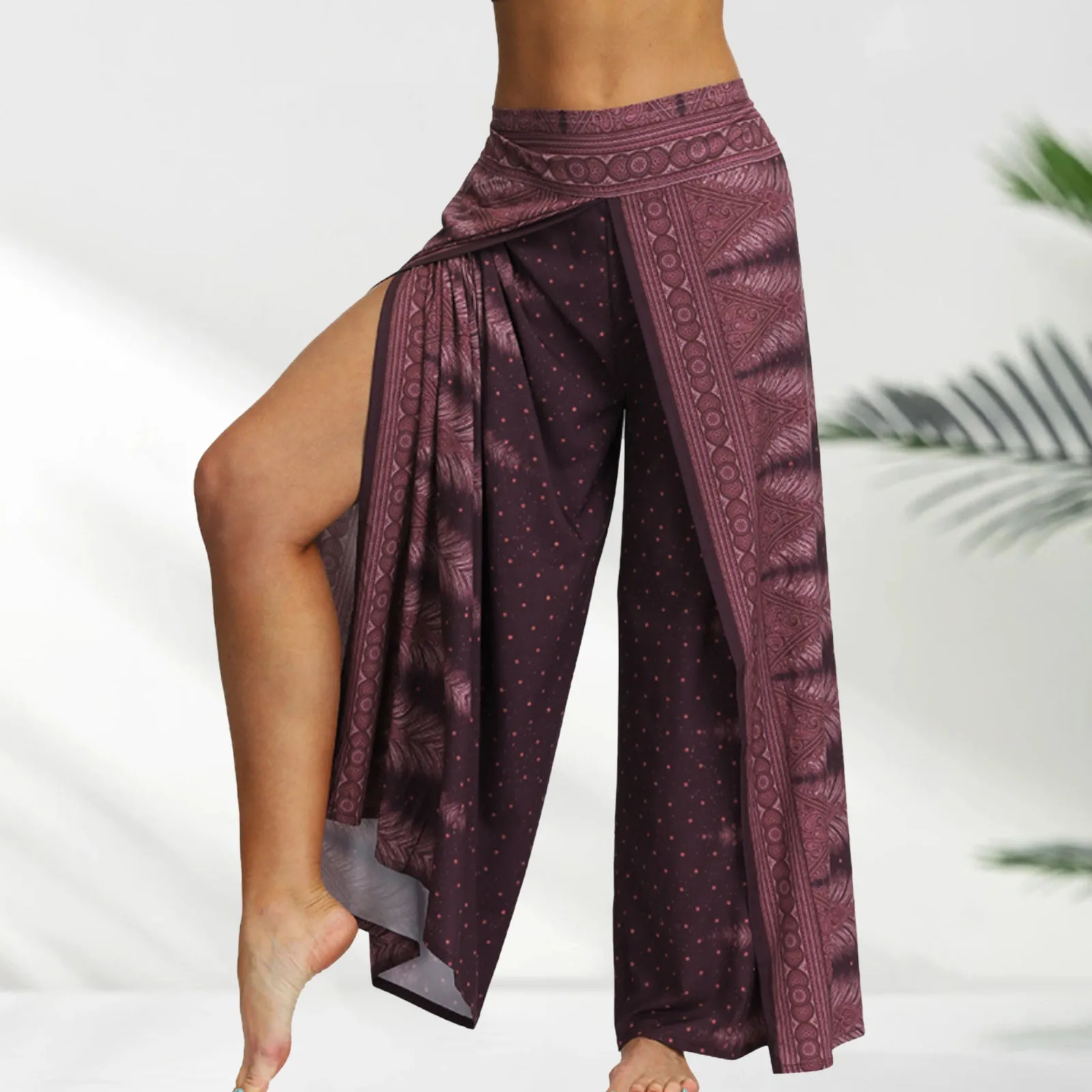 

2024 New Women Bohemian Yoga Pants Hippy Harem Smocked Waist Trendy Ethnic Floral Loose Beach Wide Leg Pants Loose Trousers