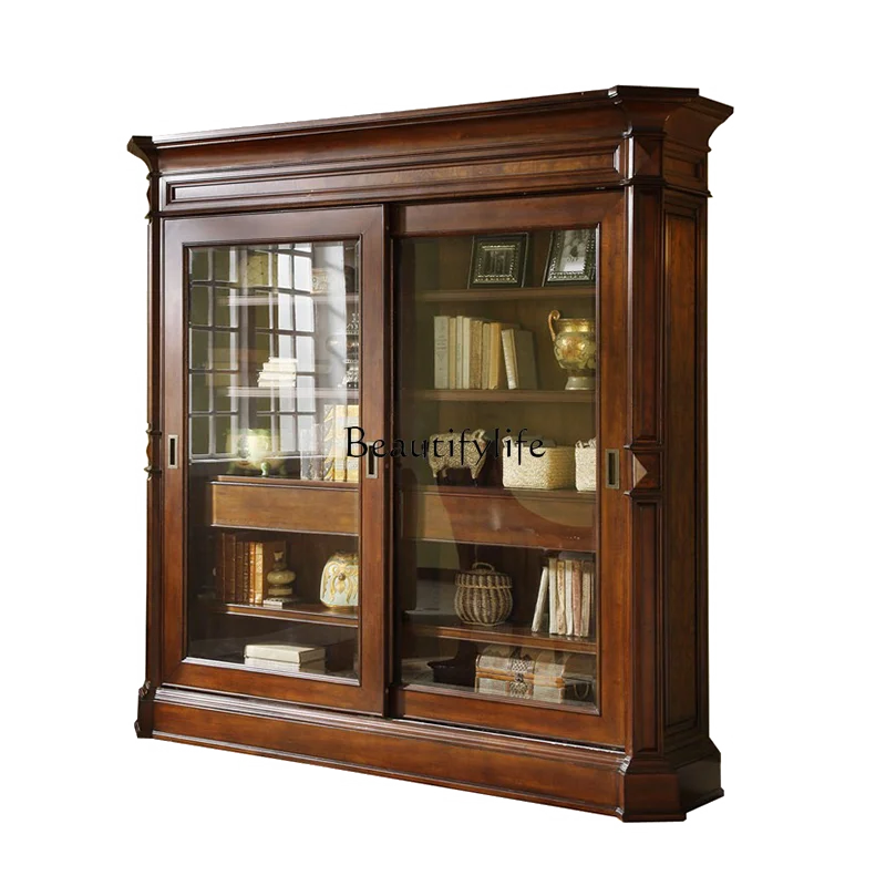 American solid wood bookcase, simple retro glass, single large-capacity sliding door cabinet
