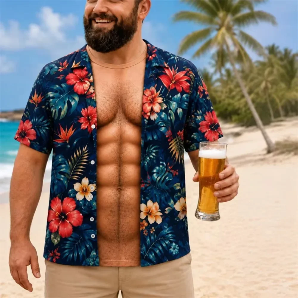 Funny Men 3D Fake Muscle Hawaiian Floral Print T-Shirt Tropical Flower Graphic Short Sleeve Tee Summer Casual Crew Neck T Shirts