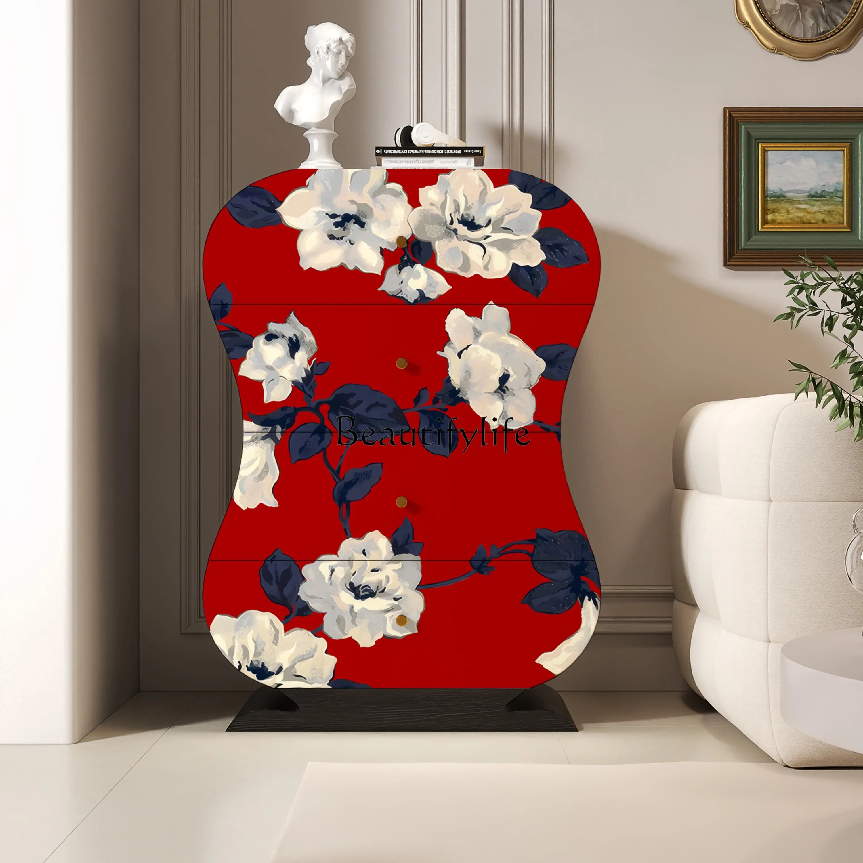 

Chinese-style pattern painted solid wood porch cabinet, living room, homestay wall storage cabinet