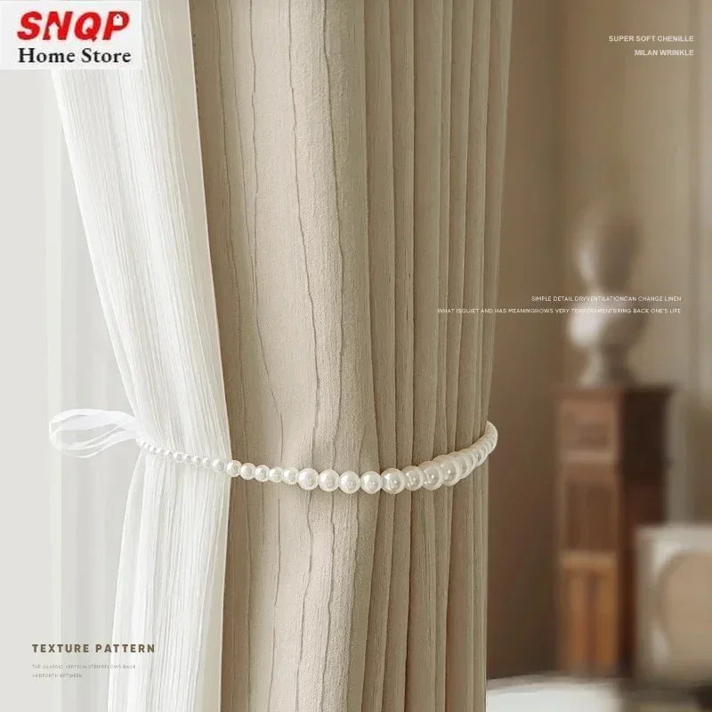 

French Beige Chenille Luxury Curtains for Living Room Bedroom Dining Blackout Elegant Thicken Fashion Folds White Tulle Window