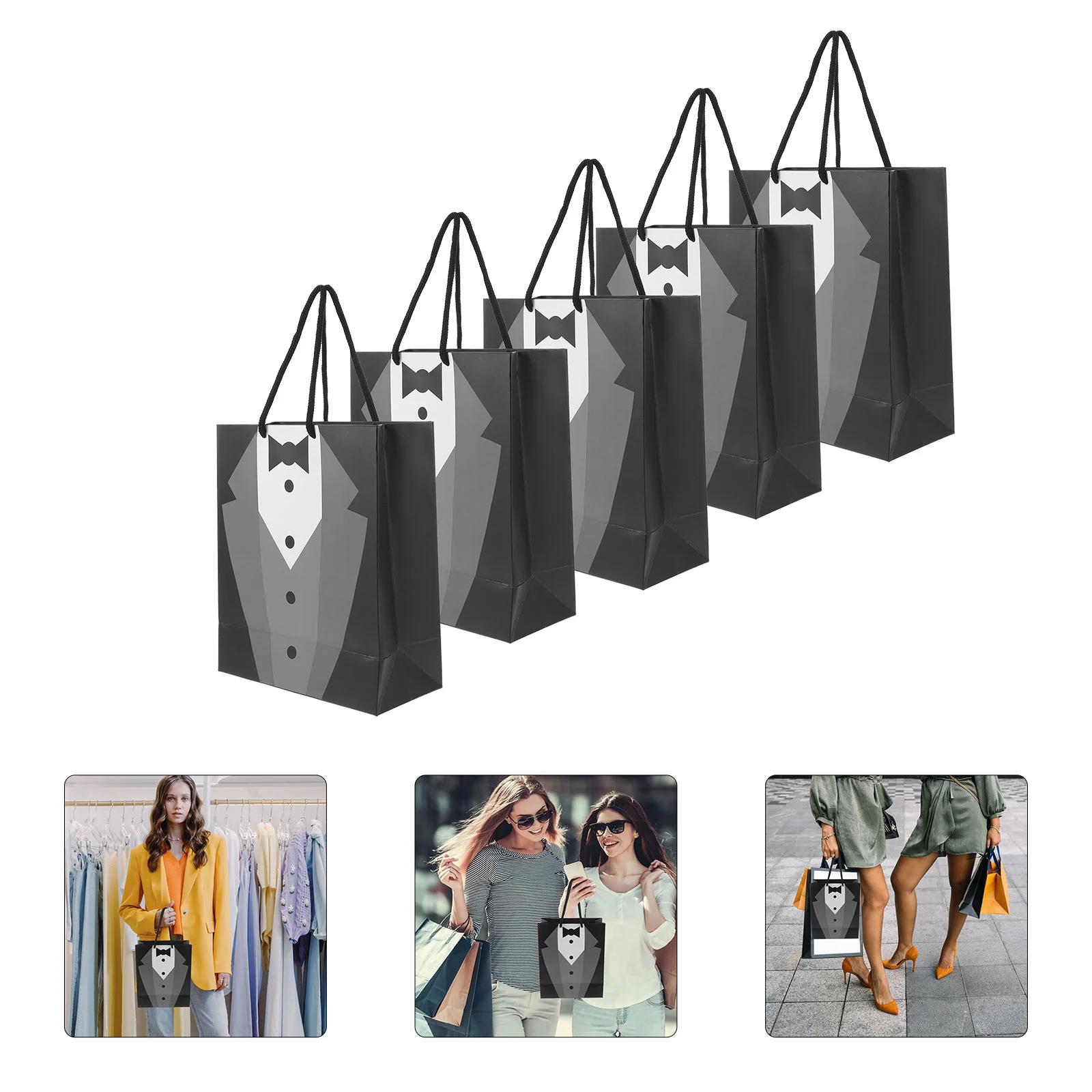 

5 Pcs Black Tote Bags Gift for Men Shopping Wrapping Paper Creative Bridegroom Tuxedo Dress Suit Travel