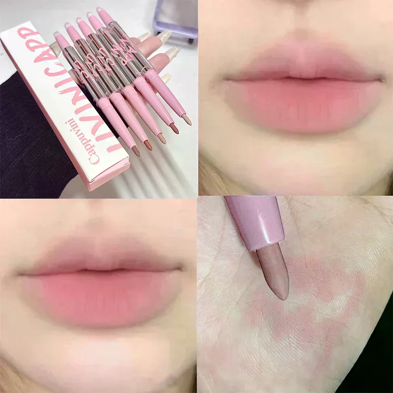 ดินสอเขียนขอบปากเนื้อแมทท์แบบสองหัว 1 ชิ้น พร้อมแปรงทาปากแบบฟูฟ่อง ติดทนนาน เนื้อกำมะหยี่ ลิปสติกเนื้อแมทท์แบบละอองน้ำ สำหรับเขียนขอบปาก