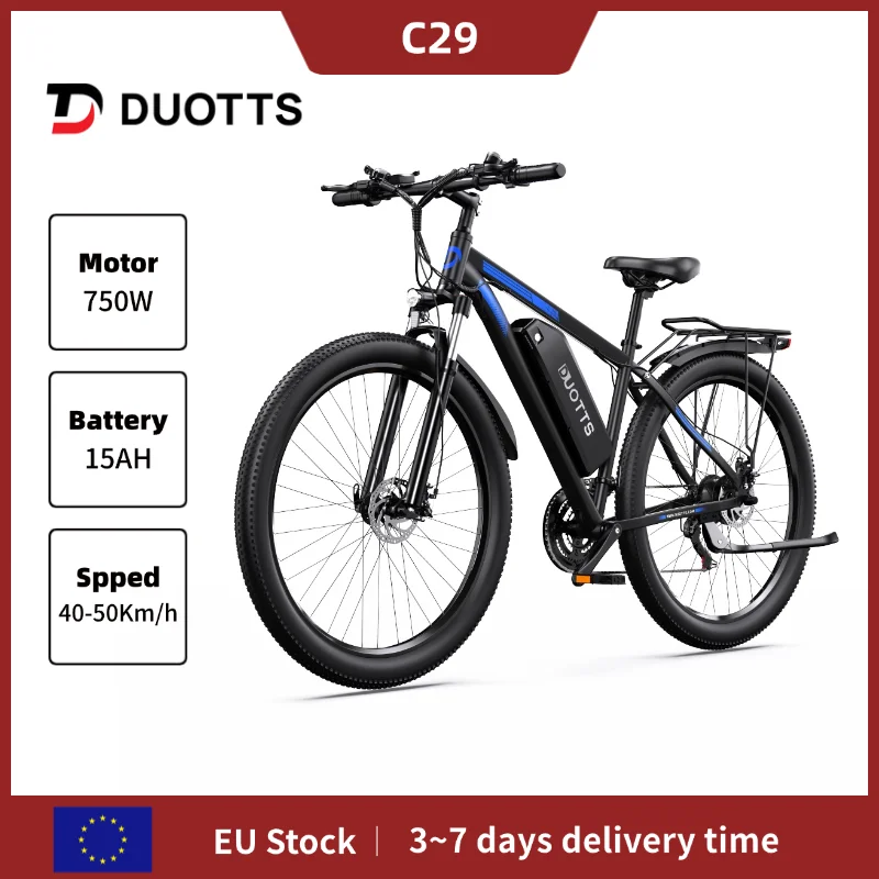 Vélo électrique pour adultes DUOTTS C29, moteur arrière 750W, batterie 48V 15/30AH, contrôle par application, 21 vitesses, vélo électrique de ville