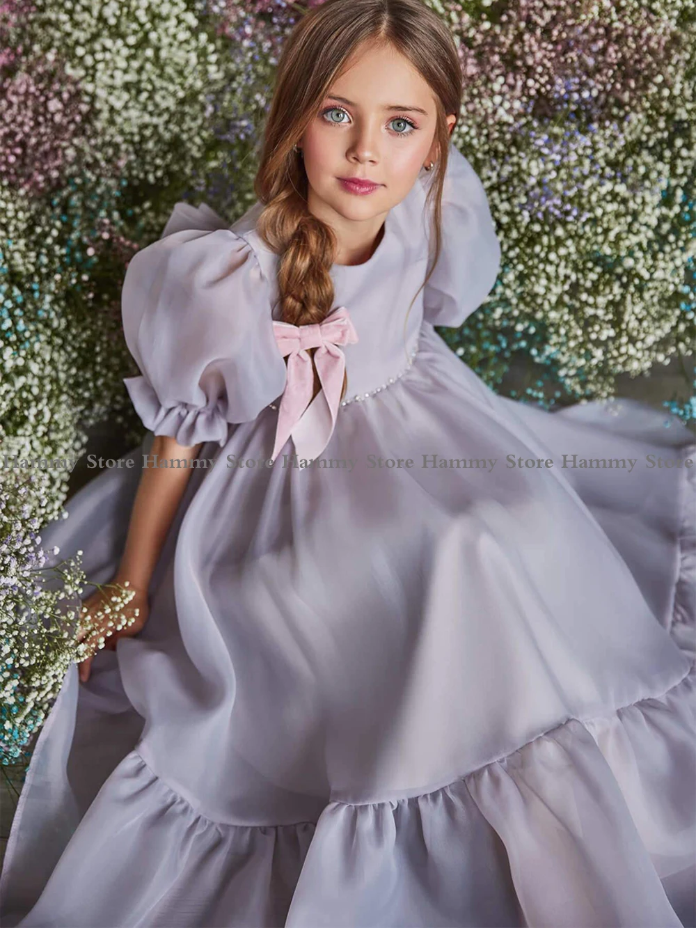 Robe de Princesse Grise à Fleurs pour Fille, Manches Courtes Bouffantes, Col Rond, Longueur Thé, Ligne A, en Organza, pour ix, Spectacle, pour Enfant