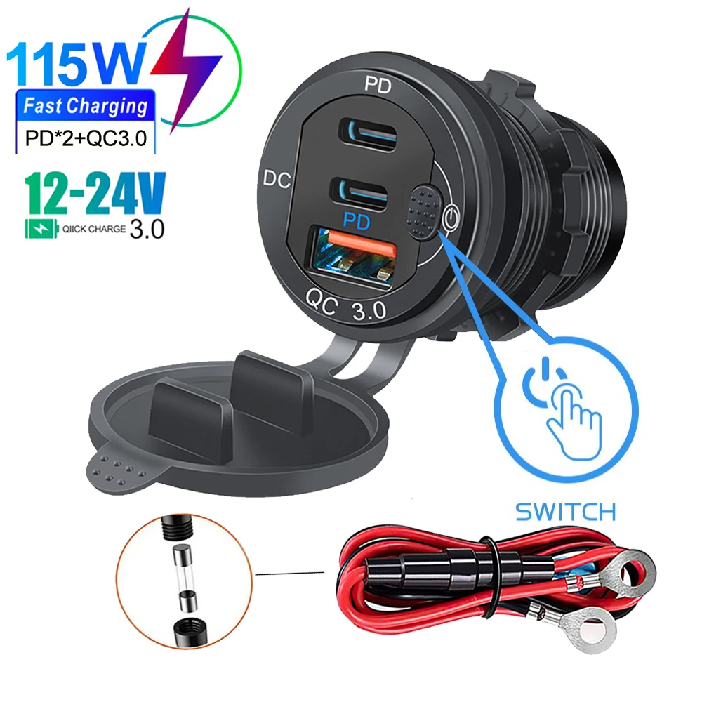 Ładowarka samochodowa 115 W QC3.0 i PD Typ C Trzy gniazda ładowarki samochodowej USB z przełącznikiem woltomierza Aluminiowy metalowy adapter szybkiego ładowania