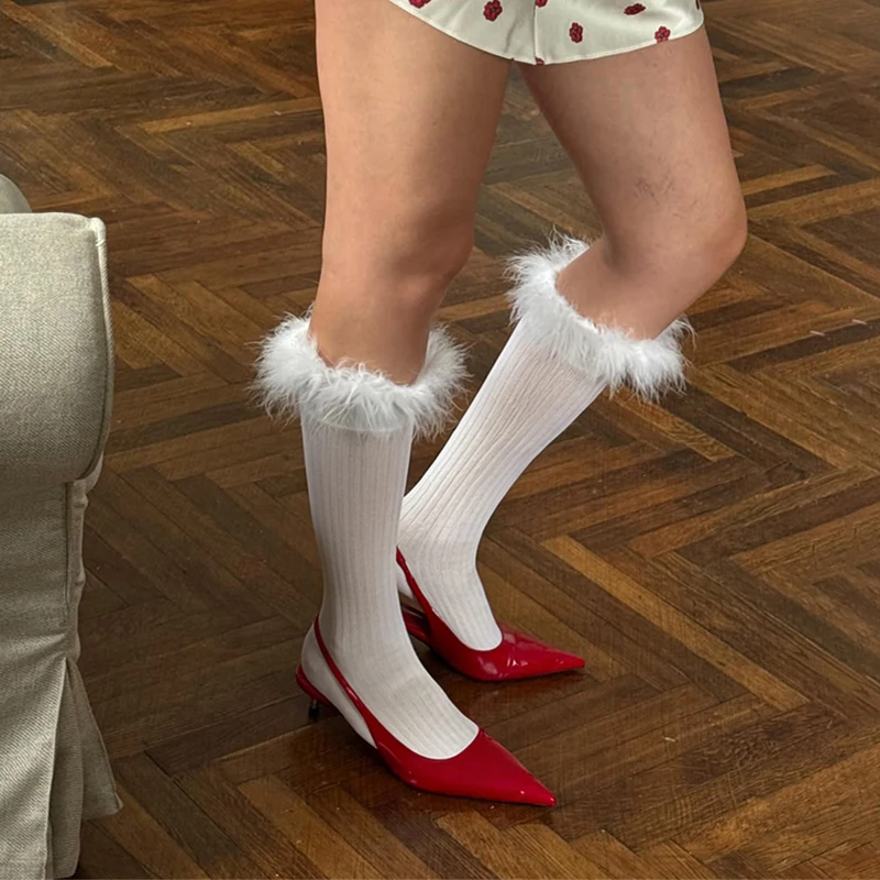 

Trendix Knit Ribbed Knee Socks Feather Splice Elastic Slim Solid Short Stockings 2026 New Street Casual Warm Knitted Y2k Socks