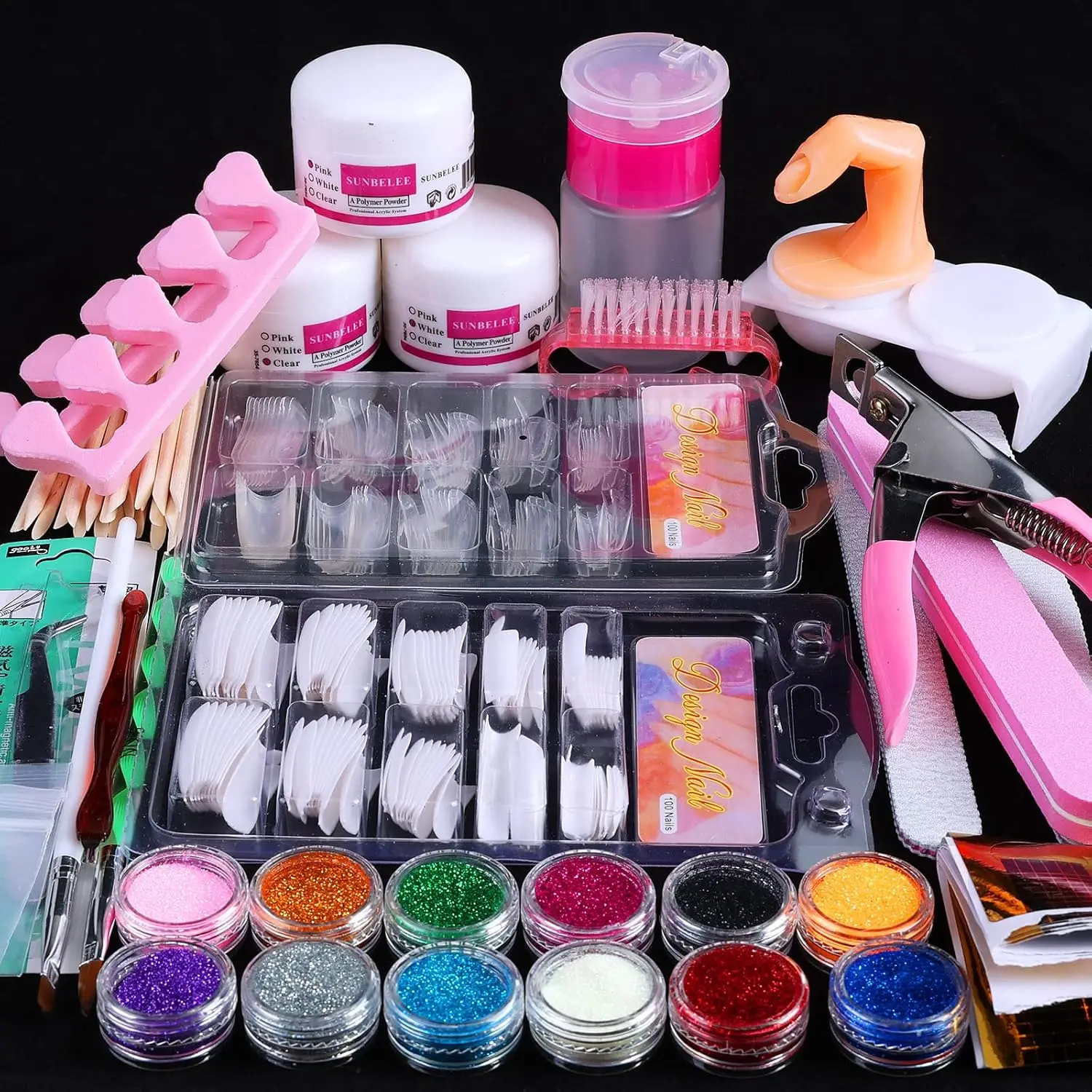 Complete Acrylic Nail Kit with Glitter Powder, Tips & Tools for DIY Beginners
