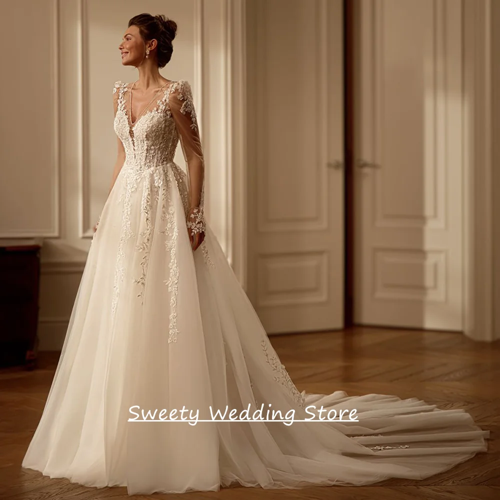 Wedding Dress 2026 Customized V Neck Full Sleeves Beading Applique Sweep Train Corset Bridal Gown Vestido De Noiva