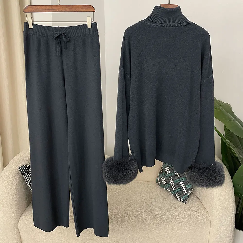 OFTBUY 2024 Neue Mode Herbst Winter Natürlicher Echter Fuchspelz-Manschetten-Mantel Gestrickter Pullover Damen Lange Hosen Set Jacke Dick Warm – Detail 9