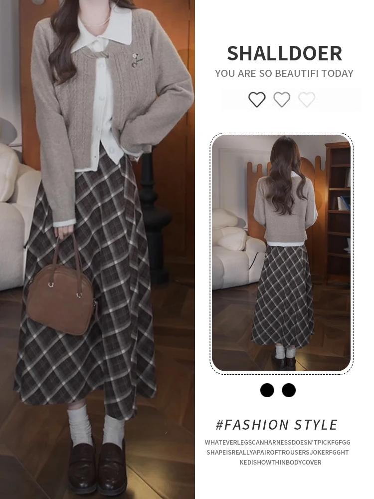 

Autumnal Geometric Sle College-Look Knit Sweater And Skirt Two-Piece Set Ele Youthful Appearance Korean Faion