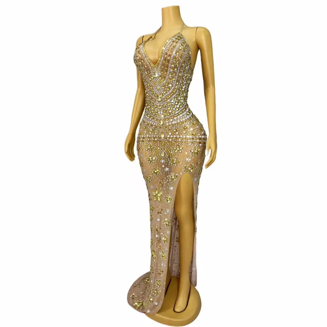 Women Sexy Backless Sheath Long Dress Luxury Rhinestones Elegant Evening Party Prom Club Singer Flashing Stage Perform Costume