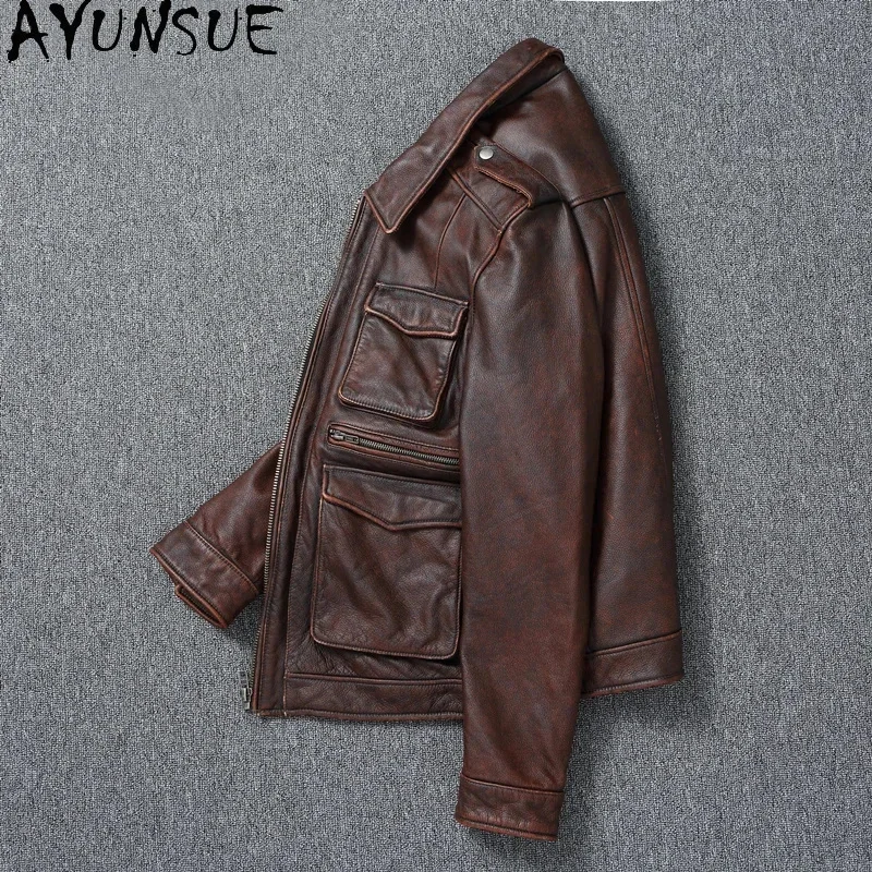 AYUNSUE Men Leather Jacket Autumn Mens Clothing Retro Motorcycle Size S-6XL Short Coats Slim Fit Chamarras Para Hombre