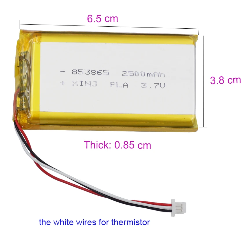 3.7V 2500 mAh 9.25Wh Rechargeable Polymer Li Lipo Battery 3 Wires Thermistor JST 3pin 1.0mm Connector 853865 For GPS Tablet PC