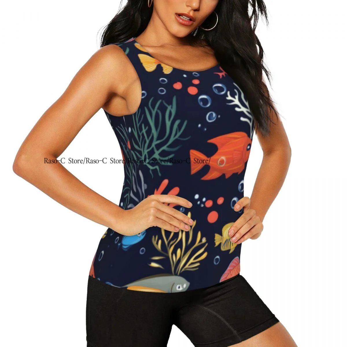 Women Casual Sport Yoga Vest Tropical Fish Swimming Coral Reefs With Bubbles Quick Dry T-shirt Training Workout Gym Sleeveles