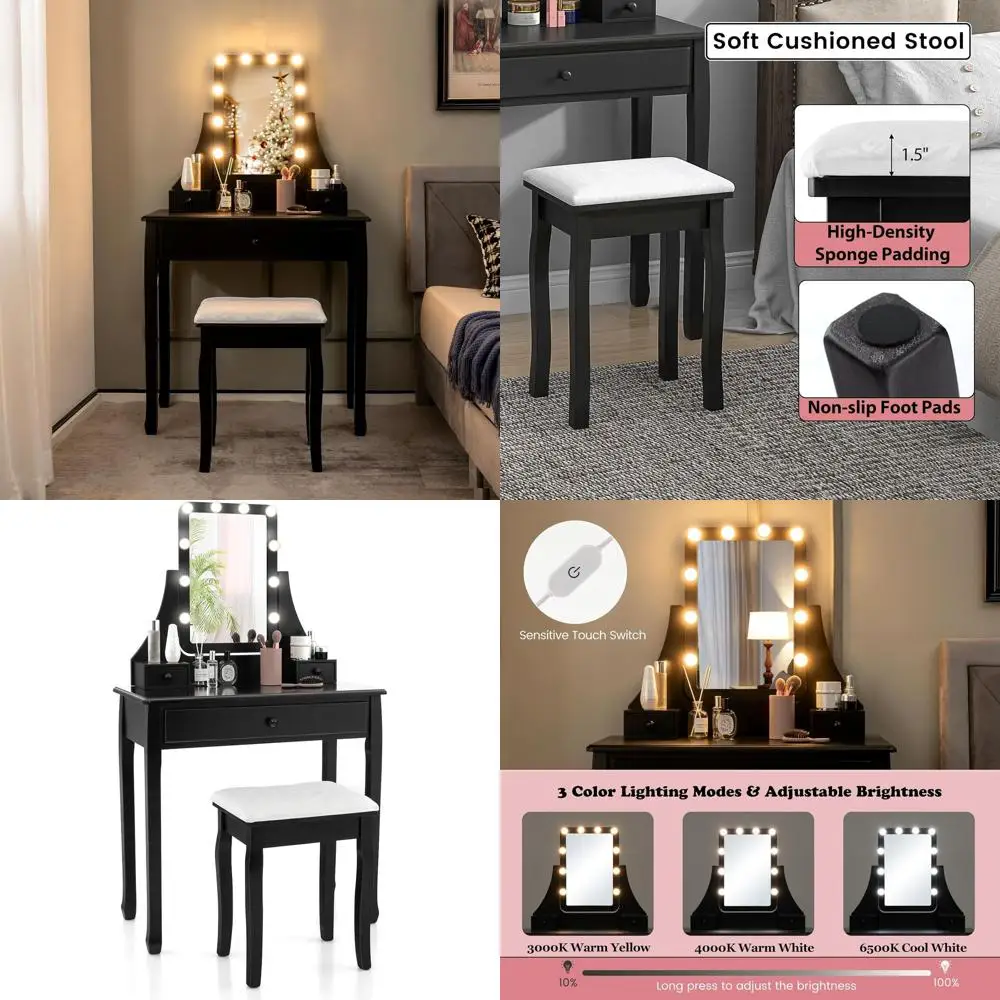 Lighted Makeup Vanity Desk with Adjustable 3-Color Lighting, 3 Drawers, Removable Dividers, and Stool for Bedroom or Gift (Black