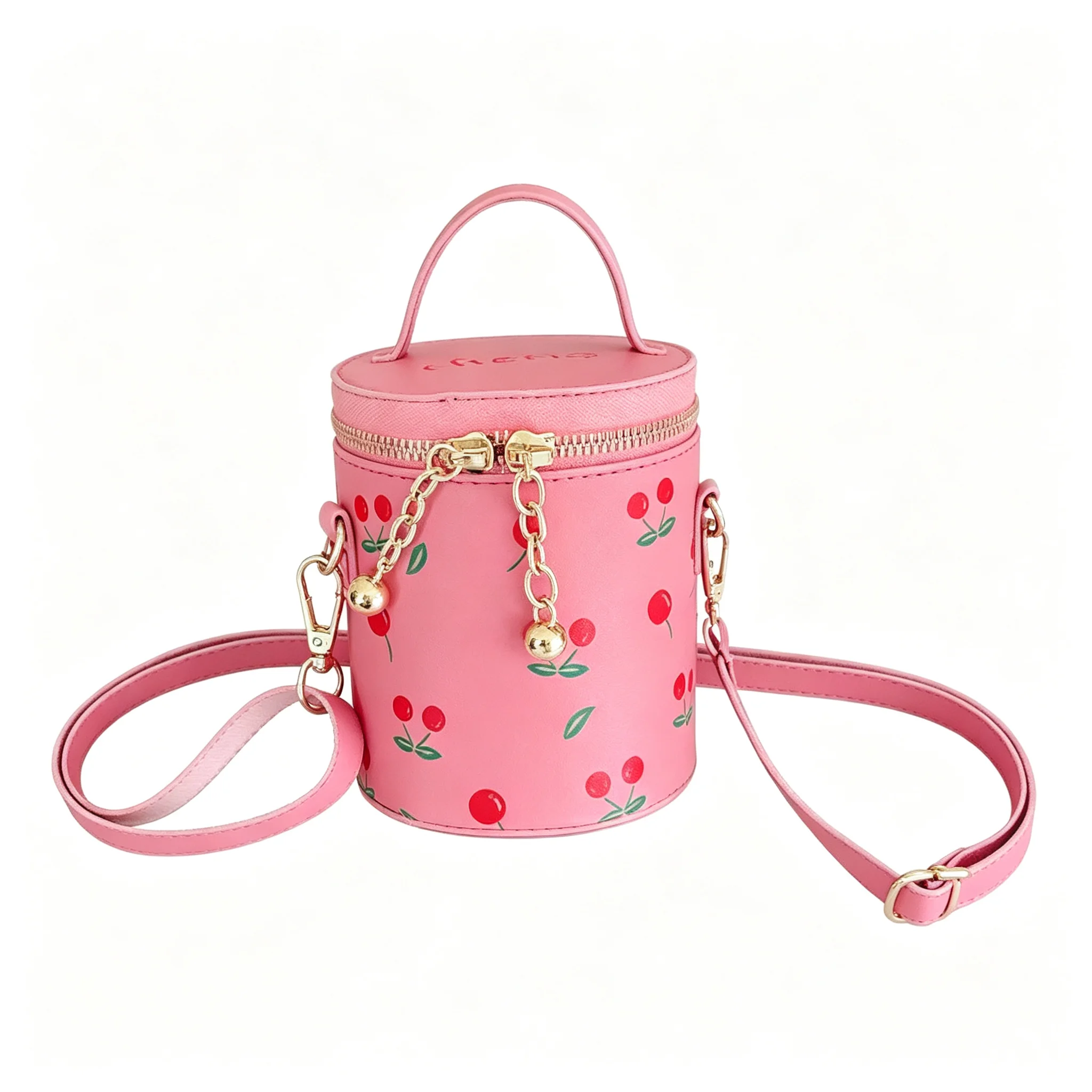Yellow Red Blue Pink Green Cute Cherry Print Cylinder Crossbody Bag for Kids Girls Small Round Shoulder Purse Chain For Girls