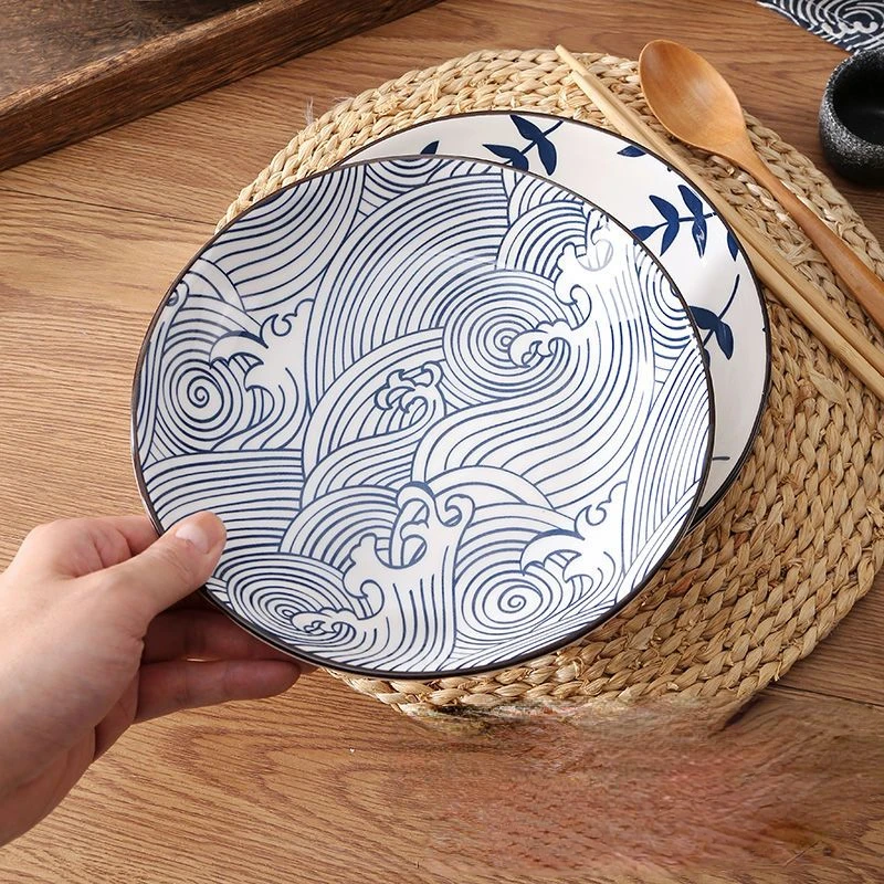 Underglaze Ceramic Round Dinner Plate, Japanese Style Plates, Dinner Dish Tray, Retro Home Decor, Kitchen Tableware, 8\