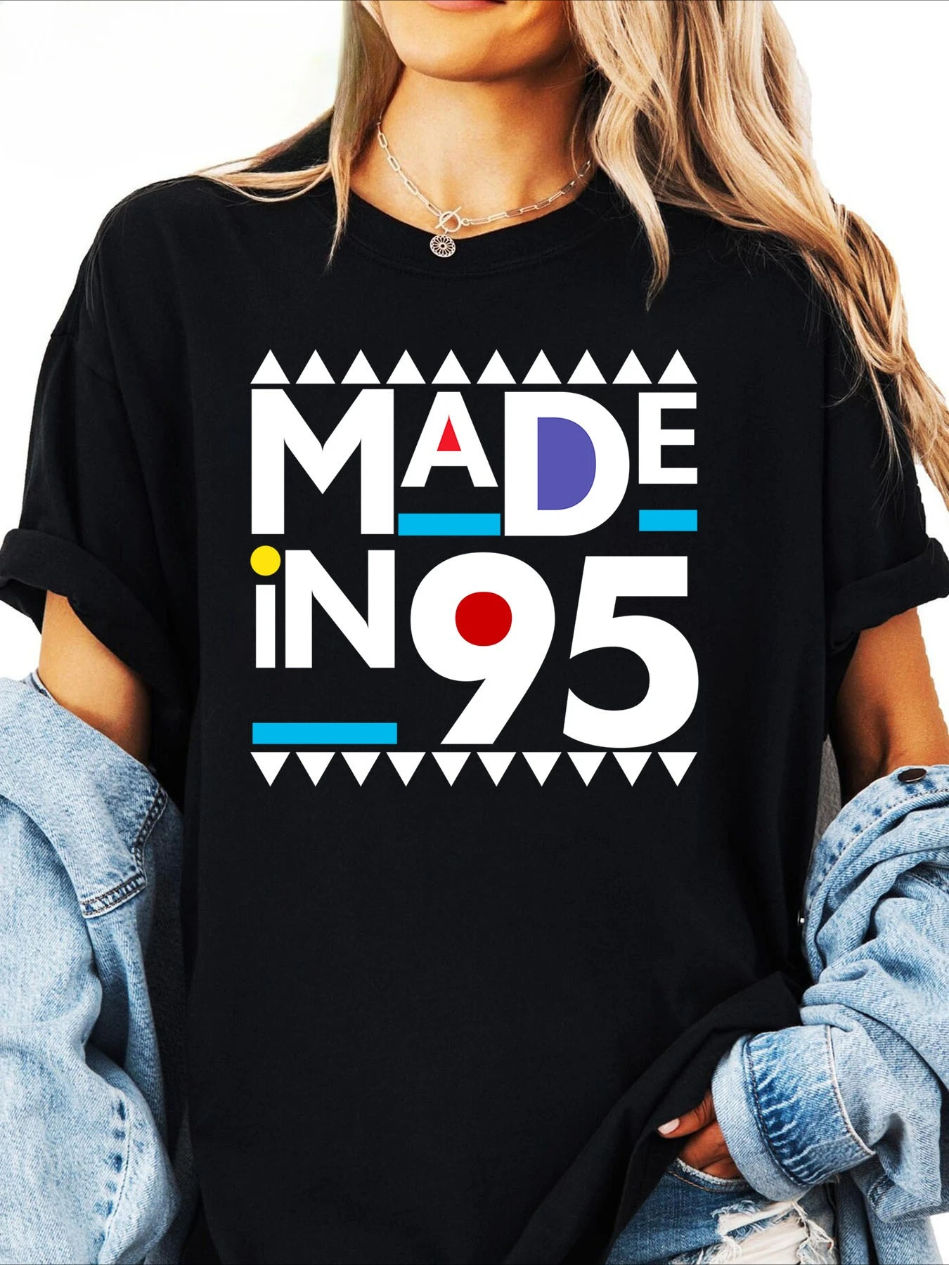 

Women's retro 1995 printed short sleeved casual belt with geometric pattern for spring and summer fashion women's T-shirt