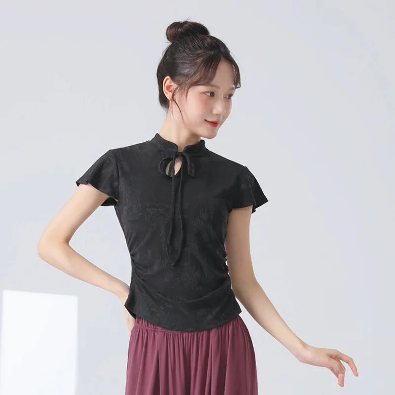 Nuovi abiti per la pratica della danza classica cinese, piccole maniche volanti da donna, maniche corte a fiori intrecciati, vestibilità slim quotidiana