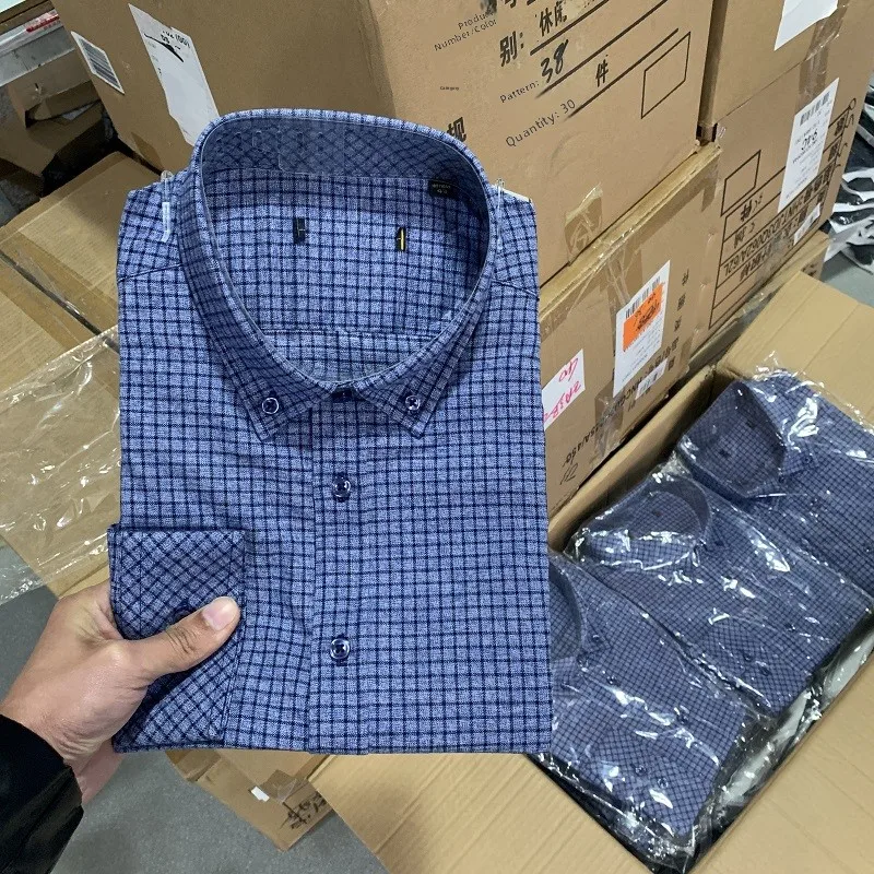 

Comfortable Cotton Plaid Long Sve Busin Casual irt for Men Ele Blue Cheered Pattern Formal Wear Spring Autumn