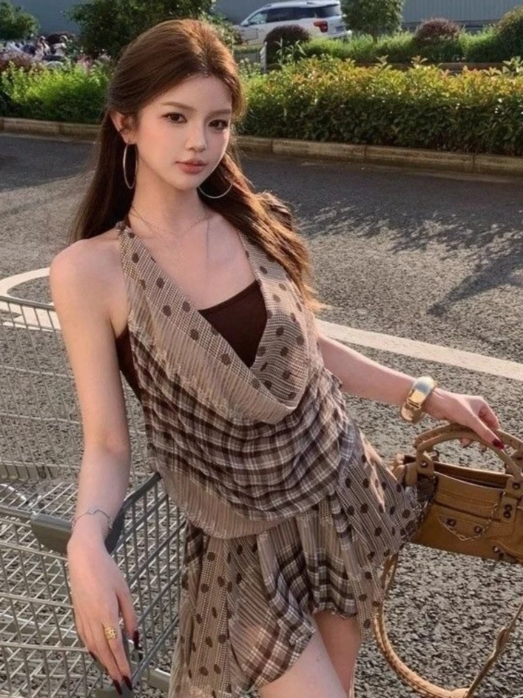 Streetwear Plaid Patchwork Dre - Y2K Backless Halter Mini Dress recension och pris