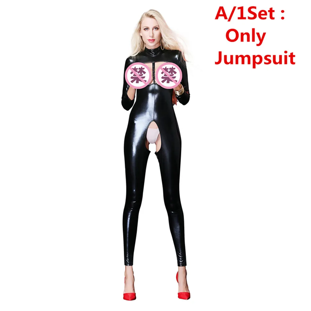 Sexy Faux Leather Catsuit Latex Bodysuit Women Lingerie Breast Exposing Open Crotch Jumpsuits Plus Size Stretch Erotic Costumes