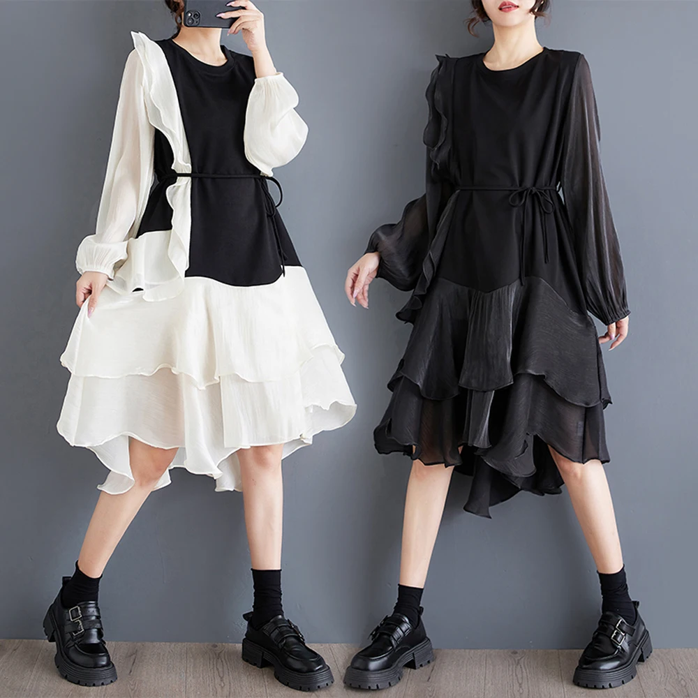 NYFS 2025 ربيع الخريف جديد فساتين النساء Vestidos رداء Elbise فضفاض حجم كبير غزل الزجاج المرقعة غير النظامية الكشكشة فستان طويل