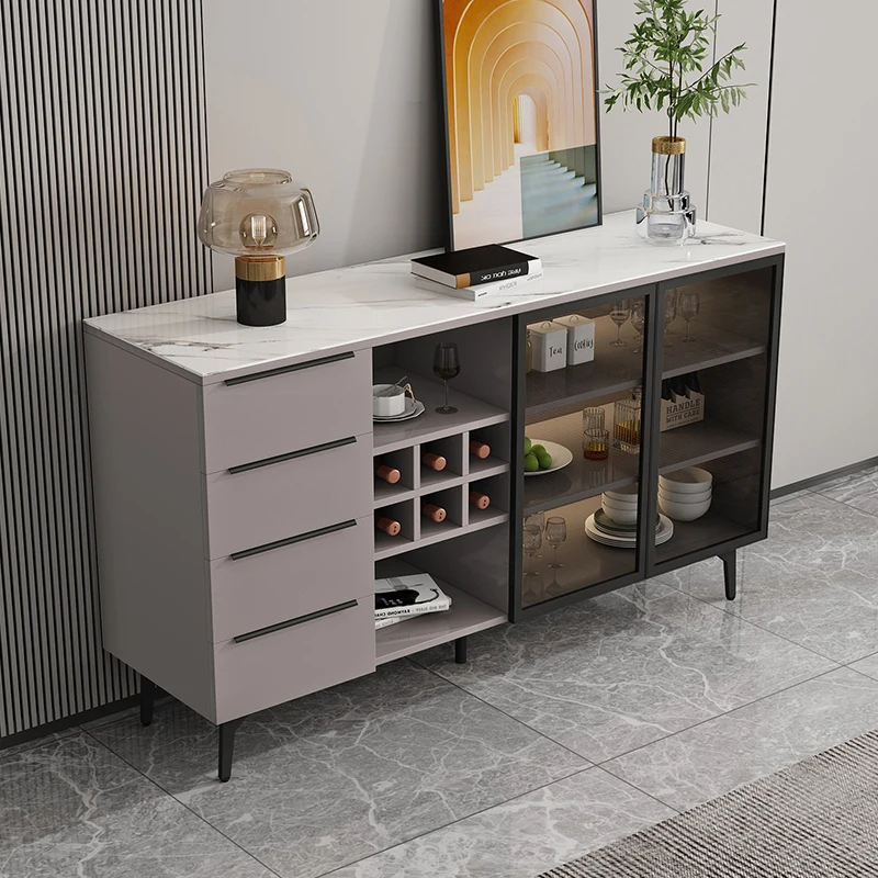 Rock plate sideboard solid wood  simple and luxurious glass door wine cabinet integrated with wall household tea cabinet