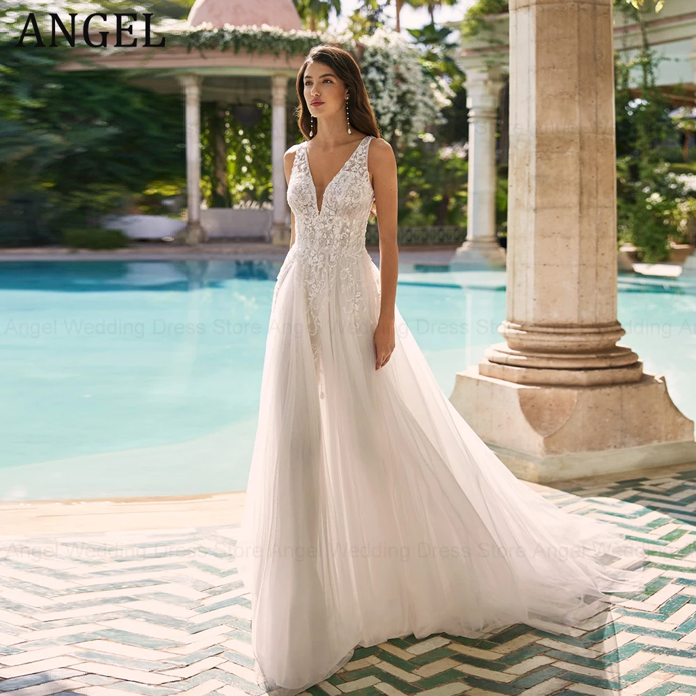 

ANGEL Sexy Charming Wedding Dresses 2024 New A-Line V-Neck Sleeveless Tulle Applique Long Bridal Gown Backless Vestidos de Novia