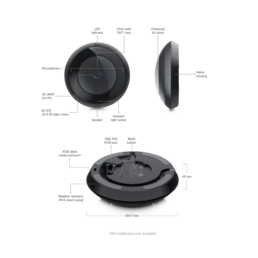 UBIQUITI UVC-AI-360 카메라, 실내 및 실외 AI 360, 팬 틸트 줌 기능, 전체 360 ° 감시 기능 제공, 2K 4MP PoE