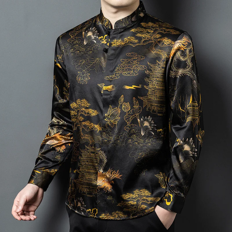 

High Quality Real Silk Men's Long-Sleeved Shirt for Middle-Aged Chinese Style Stand Collar Casual Dad Wear Men