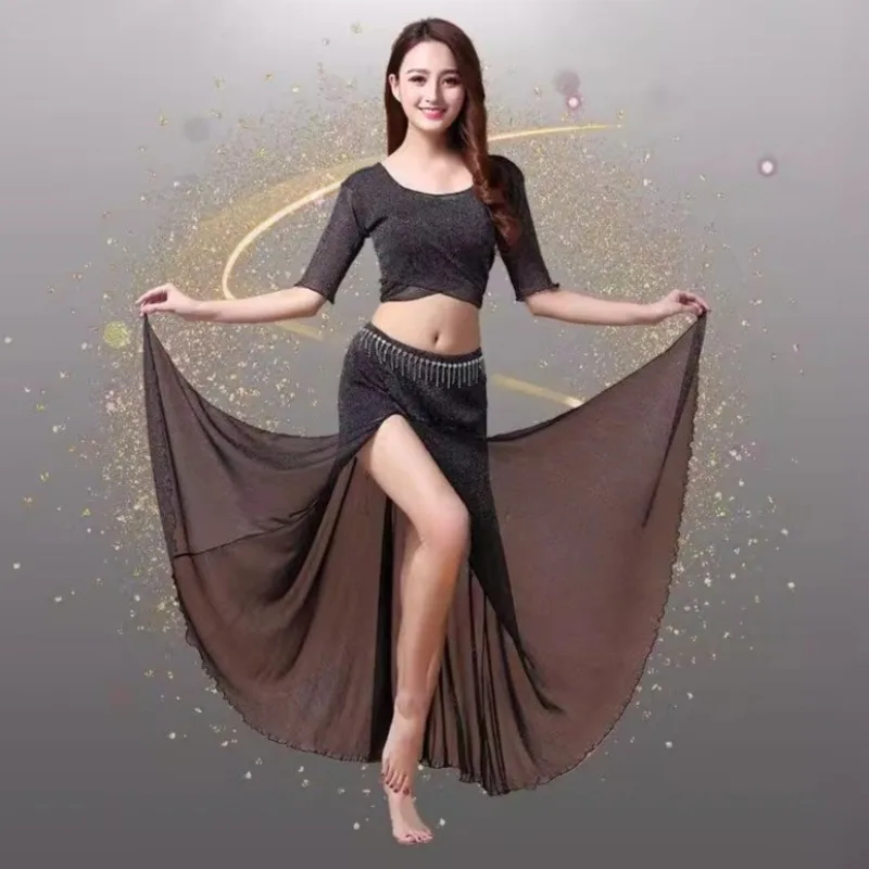 Damski strój do ćwiczeń tańca brzucha, kostium do występów tańca orientalnego plus size, spódnica z siateczki i top.