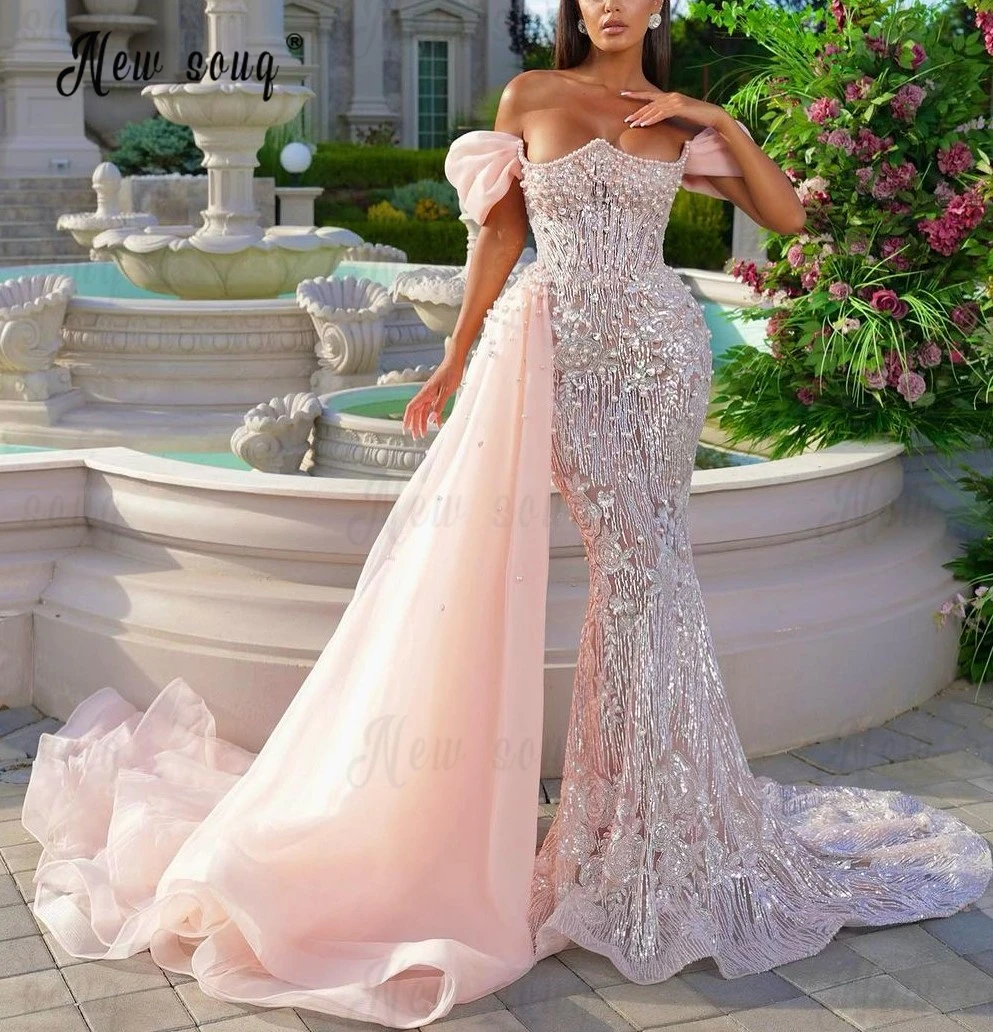 Baby Pink Puffy Off Shoulder Glitter Evening Dress 2024 Pearls Mermaid Wedding Dinner Party Gowns With Side Overskirt Customized